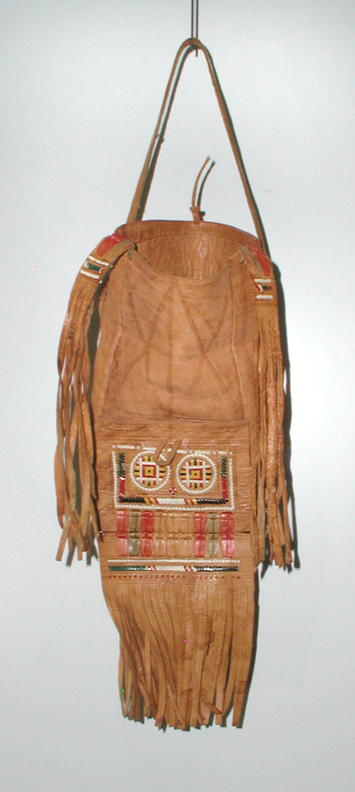 camel leather Berber style bag with colorful leather strip embroidery and fringe