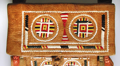 camel leather Berber style bag with colorful leather strip embroidery and fringe