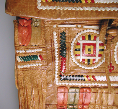 camel leather Berber style bag with colorful leather strip embroidery and fringe