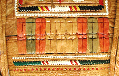 camel leather Berber style bag with colorful leather strip embroidery and fringe