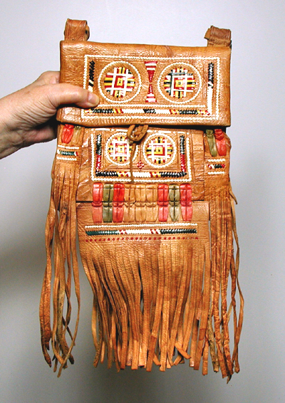 camel leather Berber style bag with colorful leather strip embroidery and fringe  