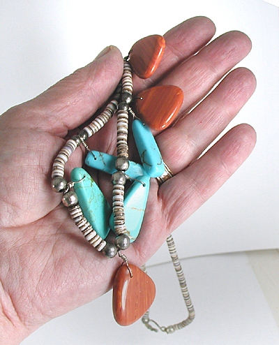 olive shell heishi, turquoise and Jasper Tab necklace 25 inches long