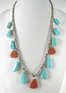 olive shell heishi, turquoise and Jasper Tab necklace 25 inches long
