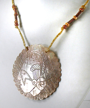 engraved shell pendant and cord necklace with beads by B. Radford
