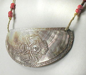 engraved shell pendant and cord necklace with beads by B. Radford