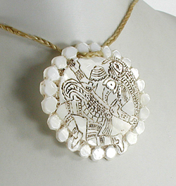 engraved shell pendant and cord necklace with beads by B. Radford