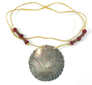 engraved shell pendant and cord necklace with beads by B. Radford