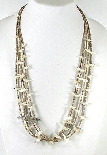 four strand bird necklace 29 inches long of mother of pearl and olive shell heishi