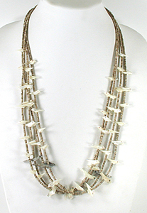 four strand bird necklace 29 inches long of mother of pearl and olive shell heishi