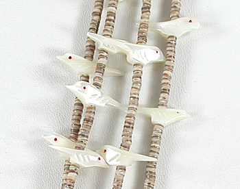 four strand bird necklace 29 inches long of mother of pearl and olive shell heishi