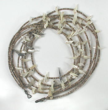 four strand bird necklace 29 inches long of mother of pearl and olive shell heishi
