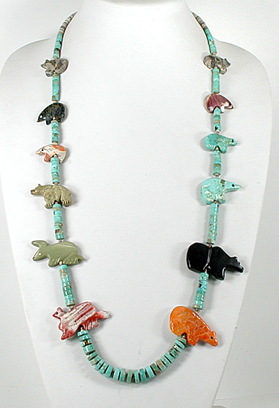 Graduated Animal Necklace with shell heishi 33 inches long