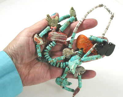 Graduated Animal Necklace with shell heishi 33 inches long