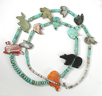Graduated Animal Necklace with shell heishi 33 inches long
