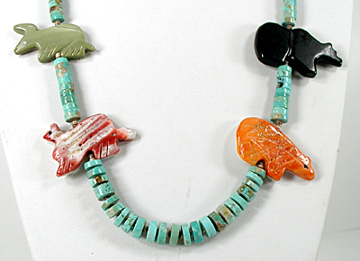 Graduated Animal Necklace with shell heishi 33 inches long