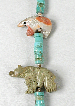 Graduated Animal Necklace with shell heishi 33 inches long