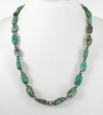 turquoise bead necklace with olive shell heishi 24 inches long