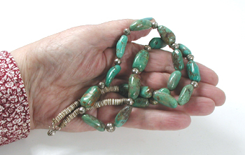 turquoise bead necklace with olive shell heishi 24 inches long