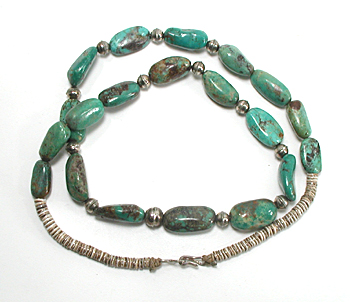 turquoise bead necklace with olive shell heishi 24 inches long