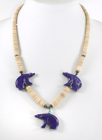 three blue bears and melon shell heishi necklace 22 inches long