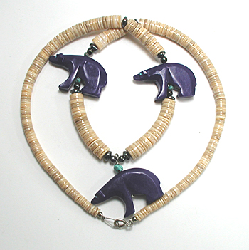 three blue bears and melon shell heishi necklace 22 inches long