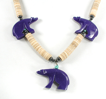 three blue bears and melon shell heishi necklace 22 inches long