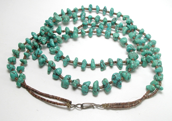 2-strand Turquoise Nugget and Olive Shell Heishi Necklace 18 inches long