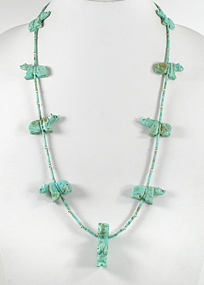 turquoise bears and turquoise heishi necklace 26 inches long