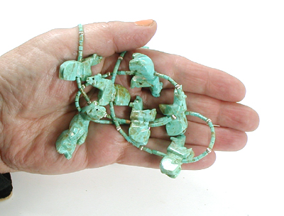 turquoise bears and turquoise heishi necklace 26 inches long