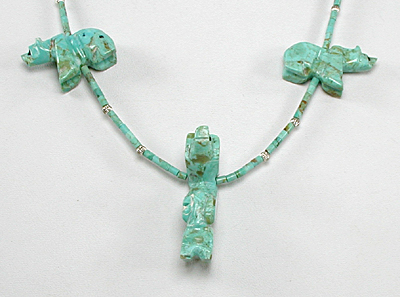 turquoise bears and turquoise heishi necklace 26 inches long