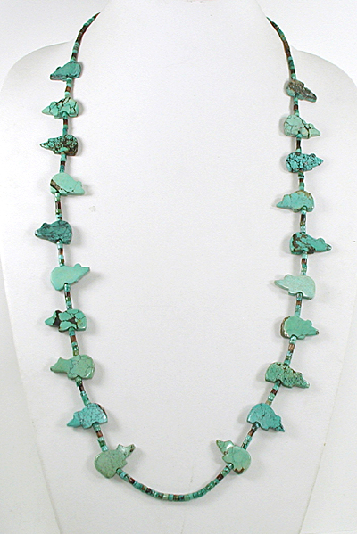 turquoise bears and turquoise heishi necklace 33 inches long