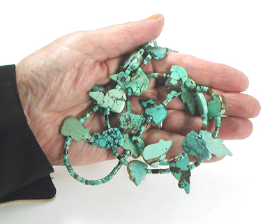 turquoise bears and turquoise heishi necklace 33 inches long