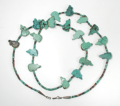 turquoise bears and turquoise heishi necklace 33 inches long