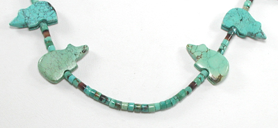 turquoise bears and turquoise heishi necklace 33 inches long