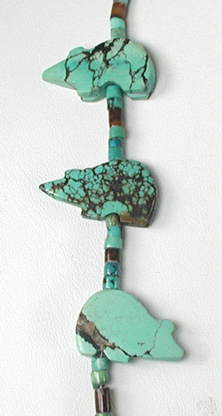 turquoise bears and turquoise heishi necklace 33 inches long