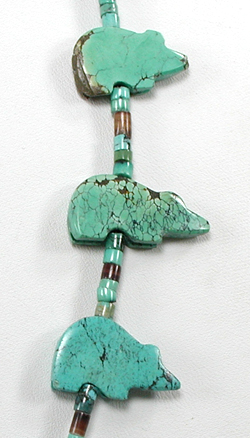 turquoise bears and turquoise heishi necklace 33 inches long