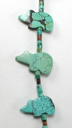 turquoise bears and turquoise heishi necklace 33 inches long