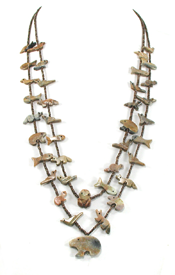 Picasso marble animal and pen shell heishi necklace 26 1/2 inches long