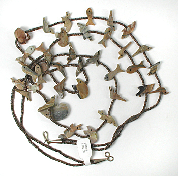Picasso marble animal and pen shell heishi necklace 26 1/2 inches long