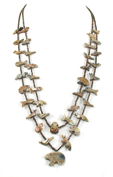 Picasso marble animal and pen shell heishi necklace 26 1/2 inches long