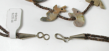 Picasso marble animal and pen shell heishi necklace 26 1/2 inches long