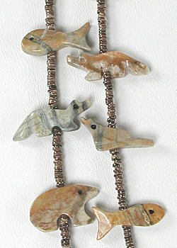 Picasso marble animal and pen shell heishi necklace 26 1/2 inches long