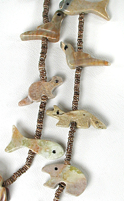 Picasso marble animal and pen shell heishi necklace 26 1/2 inches long