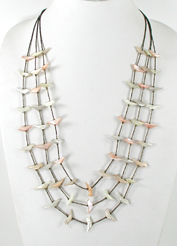 Three Strand mother of pearl Birds fetish necklace with liquid sterling silver 27 inches long