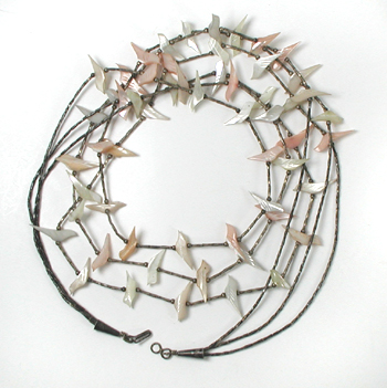 Three Strand mother of pearl Birds fetish necklace with liquid sterling silver 27 inches long
