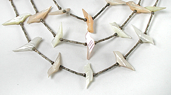 Three Strand mother of pearl Birds fetish necklace with liquid sterling silver 27 inches long