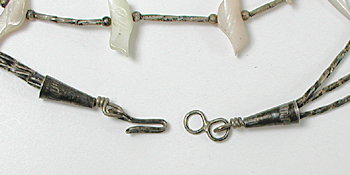 Three Strand mother of pearl Birds fetish necklace with liquid sterling silver 27 inches long