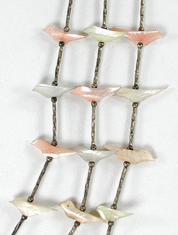 Three Strand mother of pearl Birds fetish necklace with liquid sterling silver 27 inches long