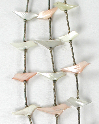 Three Strand mother of pearl Birds fetish necklace with liquid sterling silver 27 inches long