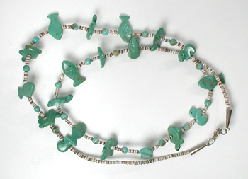 Turquoise Animal Necklace with shell heishi 25 1/2 inches long